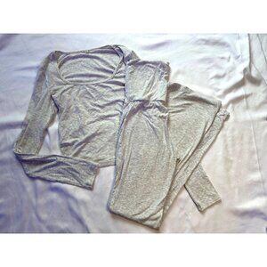 Women's Two Piece Gray Lounge Set | Long Sleeve Crop | Fold Over Flare Pants